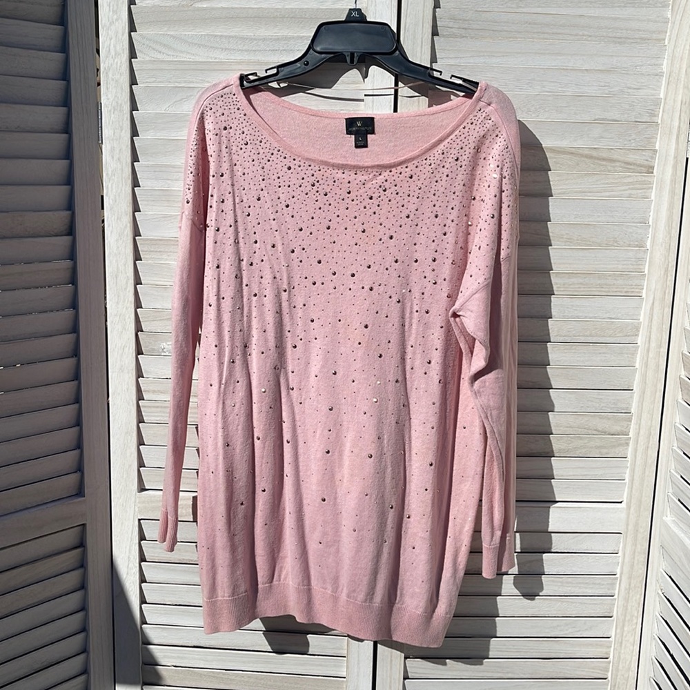 Pink bedazzled sweater shirt.